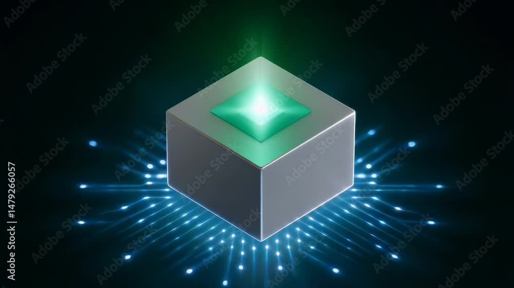 Poster glowing green cube emitting light rays against dark background symbolizing advanced technology