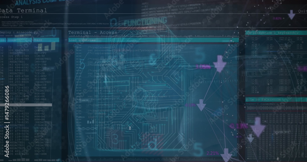 Poster image of security padlock over data processing on dark background