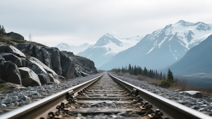 Fototapeta premium Dramatic Landscape of Railway Tracks Converging Towards Snow-Capped Mountains under Moody Sky