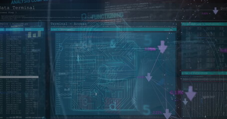 Image of security padlock over data processing on dark background