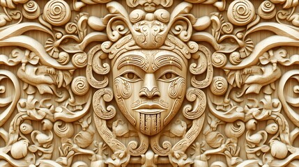 Intricate wood carving design with a central face motif.