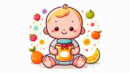 Cute Illustration of Happy Baby Holding Colorful Fruit Puree Jar – Surrounded by Playful Fruit Slices, Bright Clipart