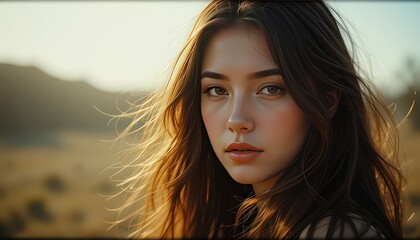 Fototapeta premium Portrait of a young woman with long brown hair looking at the camera in a field at sunset light