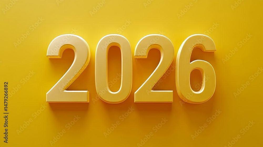 Poster 3d rendering of 2026 numbers in bold yellow on matching background for new year concepts