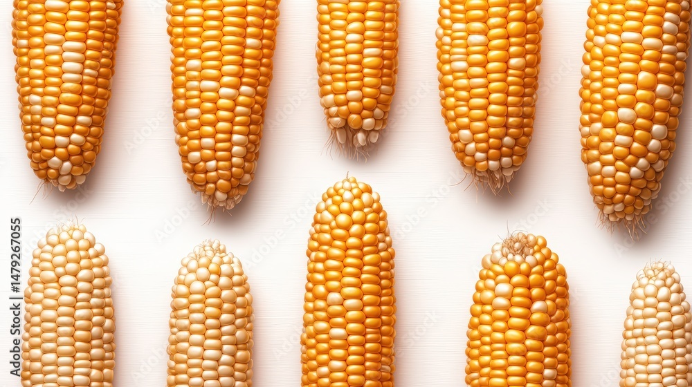 Poster close-up of fresh yellow corn cobs arranged in a row on a white background showcasing detailed kerne