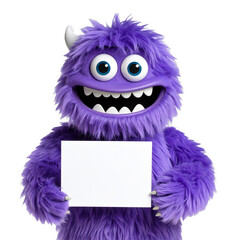 Obraz premium Happy Purple Monster Holding Blank Sign Childrens Illustration Design