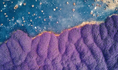 Fototapeta premium Aerial View of Vibrant Purple Flowers Adjacent to Calm Water Surface