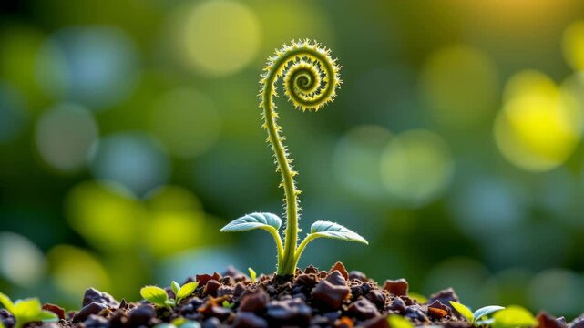 A young fern frond unfurls from the soil with a dramatic spiral shape, highlighted by soft green bokeh in natural sunlight.