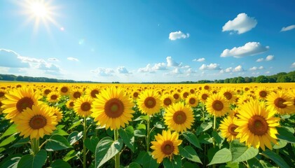 Fototapeta premium Vast field of sunflowers blooming under a bright summer sky , summer, sky, flower