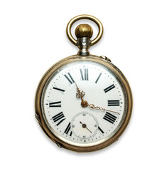 Old clock, watch close-up isolated on white background. Antique clock face.