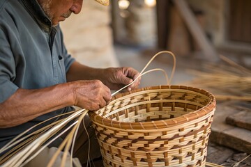Elderly artisan handcrafting a woven basket using natural materials in a traditional workshop