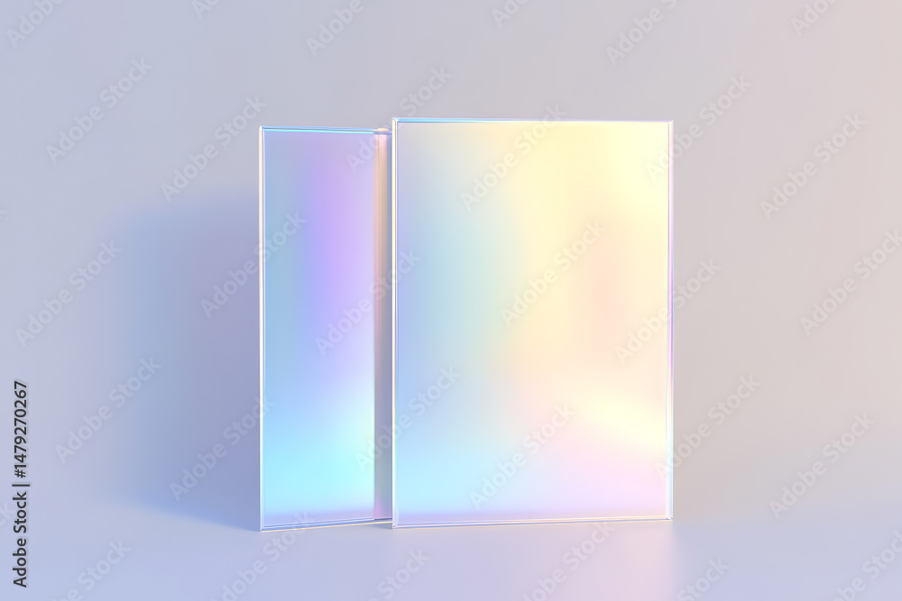 Poster two reflective glass blocks in a gradient rainbow effect. the blocks are different sizes and reflect