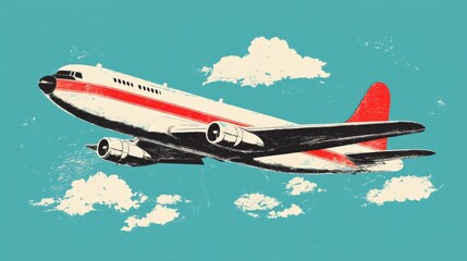 Fototapeta premium Vintage Airplane Flying Through Blue Sky with Retro Clouds