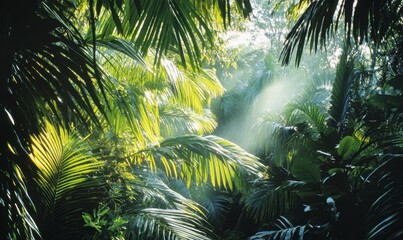 Naklejka premium Lush Tropical Jungle with Sunlight Filtering Through Dense Canopy