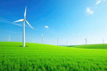 Fototapeta premium A lush green field of wind turbines generating clean energy under a bright blue sky , blue sky, farm