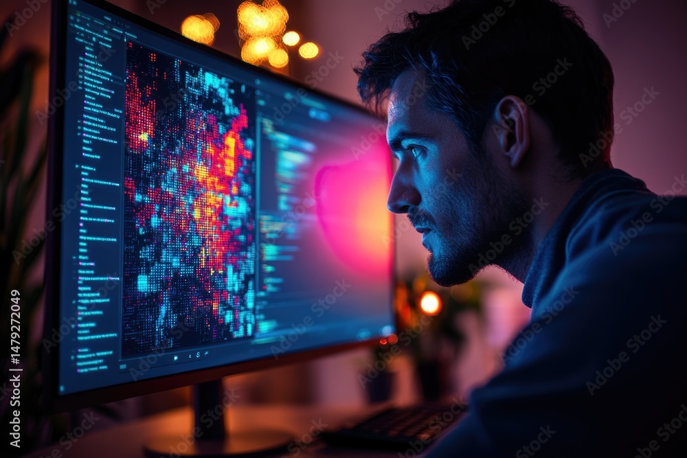Fototapete A focused programmer intensely scrutinizes lines of complex code displayed on a vibrant computer screen.