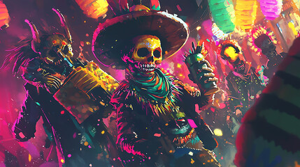 A colorful painting of skeletons dancing and drinking
