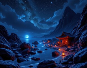 night scene with glowing stones and shimmering water, starry sky, mystical atmosphere
