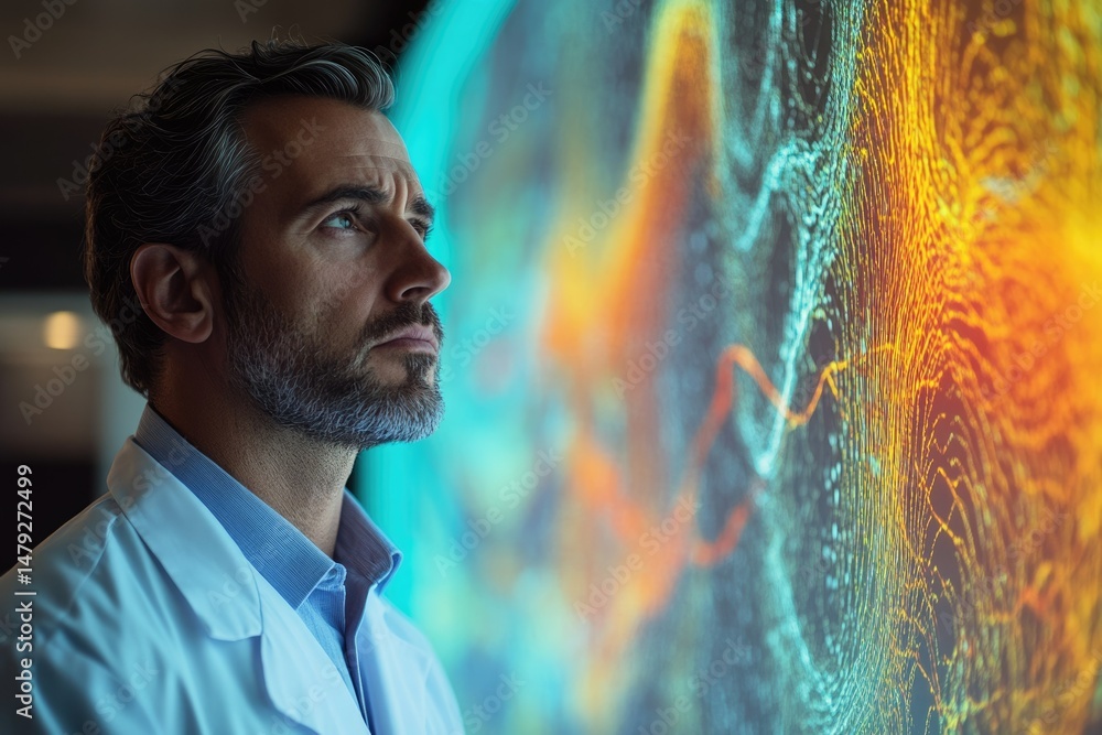 Leinwandbilder a contemplative scientist observes complex data visualizations on a large screen, showcasing intrica