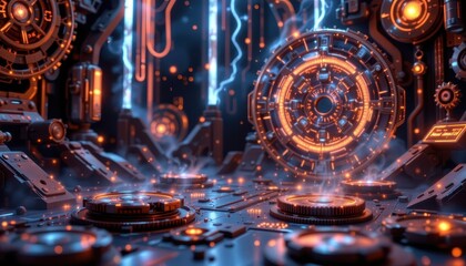 steampunk glam digital scene with metallic gleams, softly glowing gear motifs, and luminous particle effects