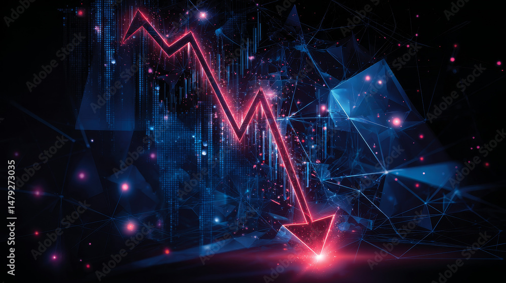 Poster polygonal growth charts and red arrow decreasing on dark blue tech background, triangles and particl
