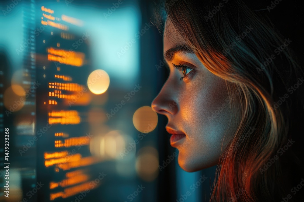 Aufkleber a young woman gazes intently at a screen displaying lines of code, bathed in warm and cool light.