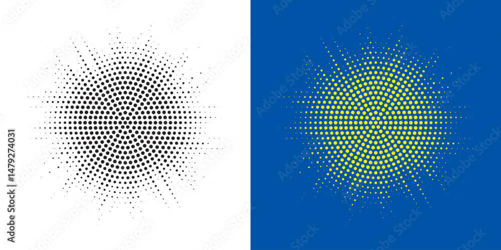 Poster Halftone circle frame background set. Round border Icon using halftone random circle. Grunge circular stain. Vector illustration.	
