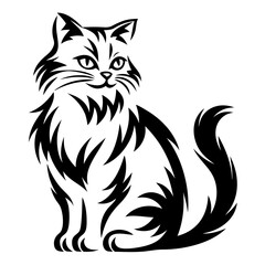 Elegant Black and White Illustration of a Fluffy Cat Sitting Gracefully
