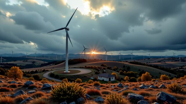 A wind farm on rolling hills at sunset with dark clouds, turbines, and scattered rural vegetation in the foreground.