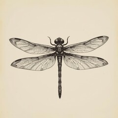 vintage engraved style drawing of a dragonfly with detailed line work and stippling effects
