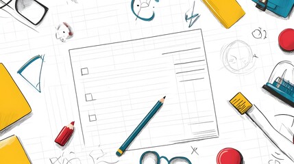 Colorful study supplies surrounding a blank piece of lined paper.