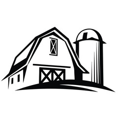 Stylized black and white graphic illustration of a traditional American barn