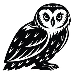 Stylized black and white vector illustration of an owl with ornate feathers