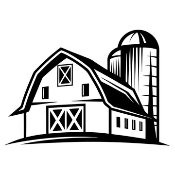 Stylized black and white vector illustration of a farm barn and silo
