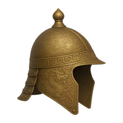 Ancient golden dragon helmet with engraved patterns isolated on transparent background, generative ai