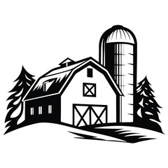 Black and White Barn with Silo and Trees in Rural Setting Art © Tanjila