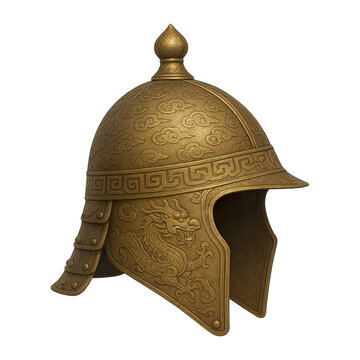 Ancient golden dragon helmet with engraved patterns isolated on transparent background, generative ai