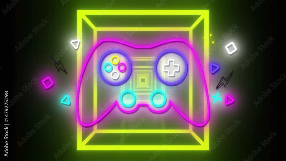 Aufkleber neon game controller floating inside 3d glowing yellow cube, illuminating geometric icons around