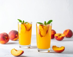 Fototapeta premium Orange drinks with mint and peach slices on table, whole peaches around, white textured background.