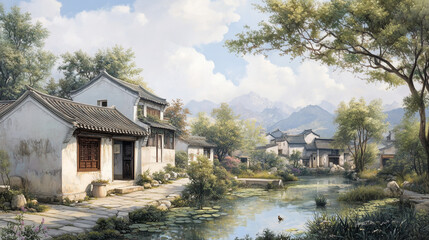 Fototapeta premium chinese, countryside view, jiangnan