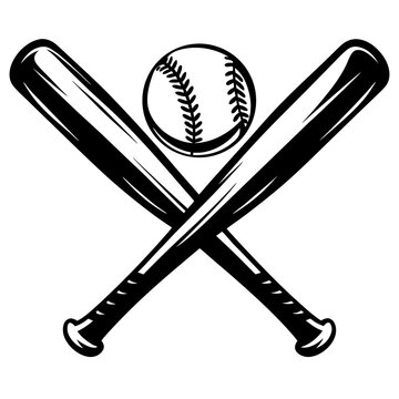 Monochrome drawing of crossed baseball bats with a baseball in the center