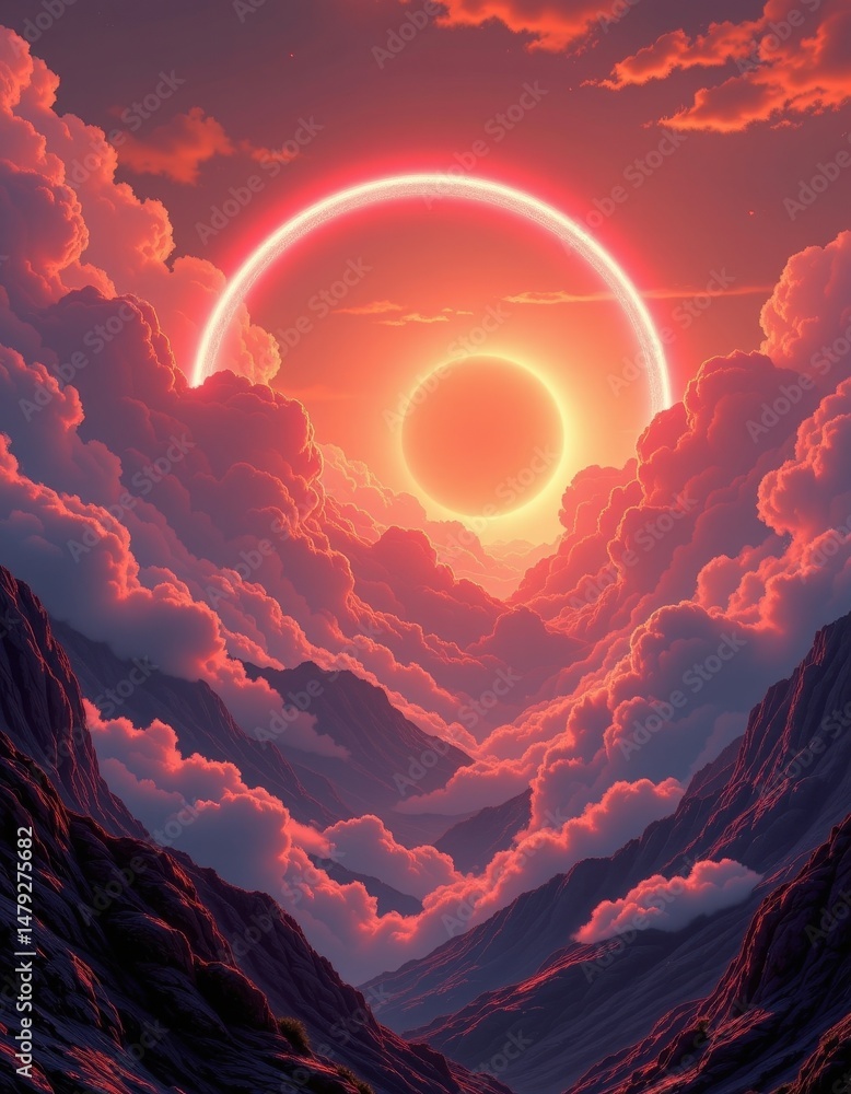 Poster sci fi scene with a glowing hypermodern circle and illuminated clouds with metallic reflections
