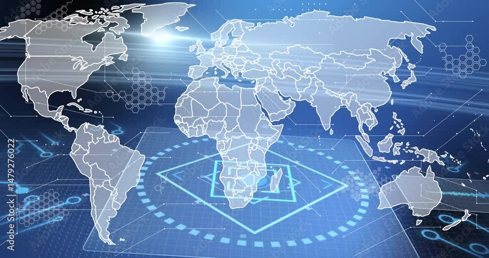 Poster global digital map displaying data grid, highlighting african region with glowing target graphics