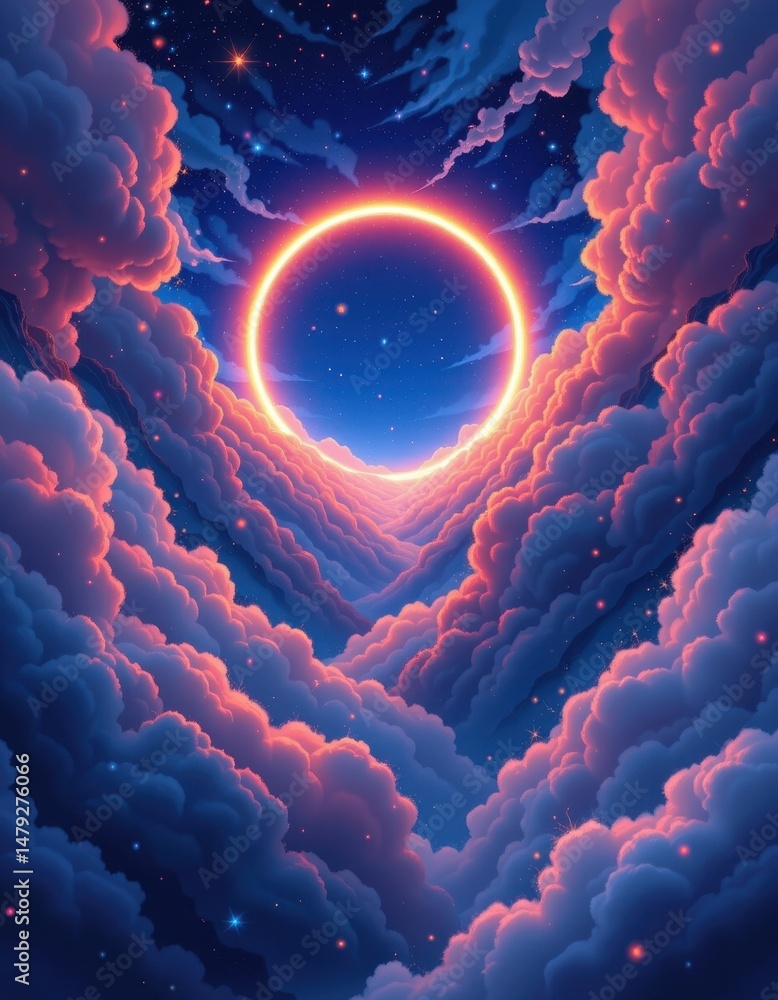 Poster fantasy art with a glowing ring and floating luminous clouds, hints of magical sparkles