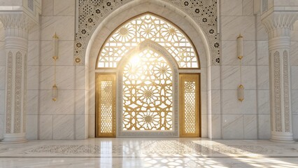 Fototapeta premium Bright Mosque Interior with Golden Islamic Geometric Patterns and Sunlight for Peaceful Islamic New Year (Al-Hijra) Greeting 