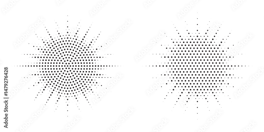 Poster Halftone circle frame background set. Round border Icon using halftone random circle. Grunge circular stain. Vector illustration.	