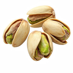 Four Roasted Pistachio Nuts with Open Shells and Green Kernels on Transparent Background