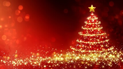 Christmas Tree with Sparkling Golden Lights on a Red Background for Holiday Greeting Card