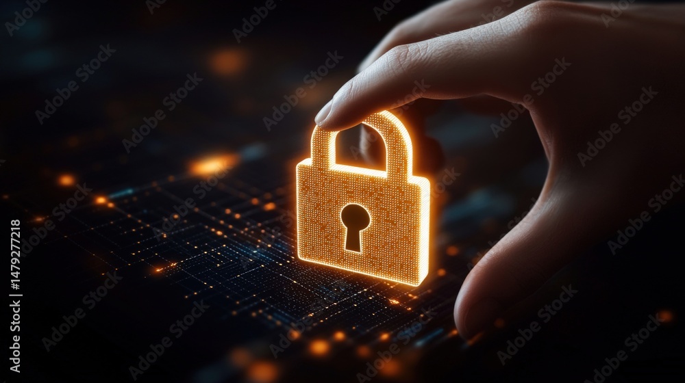 Poster close up of a hand holding a glowing digital lock icon representing cybersecurity data protection an