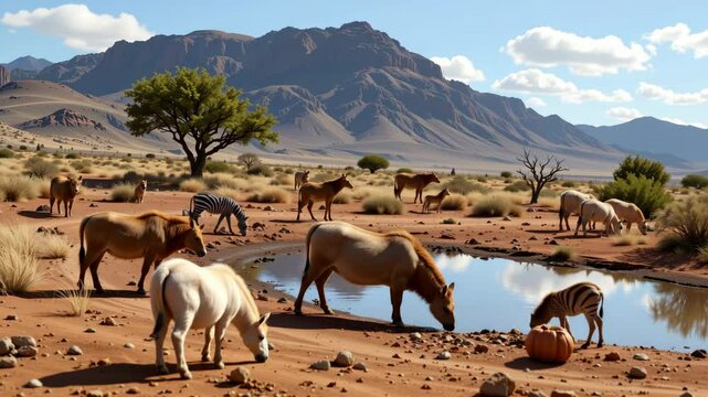 Wild horses and zebras drink from a small waterhole in a dry desert landscape with mountains in the distance.